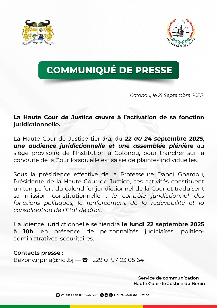 La Haute Cour de Justice Bénin oeuvre à l'activation de sa fonction juridictionnelle.